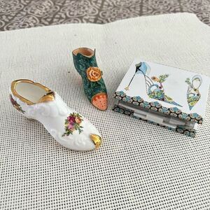 Three Piece Lot Miniature Shoe‎ Decorative Ornaments Collectible w/ Royal Albert